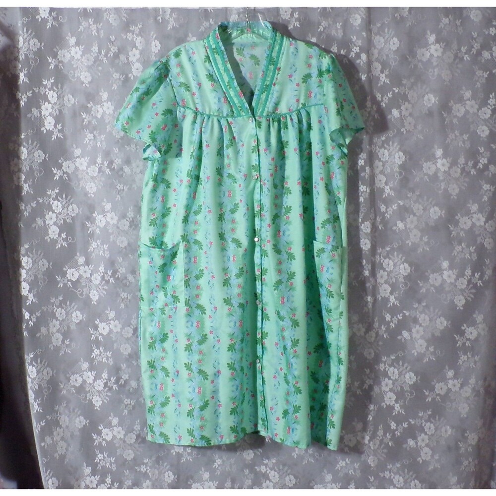 Vintage 90s Green Floral House Coat Size Large 1990s Retro Cozy Granny Robe